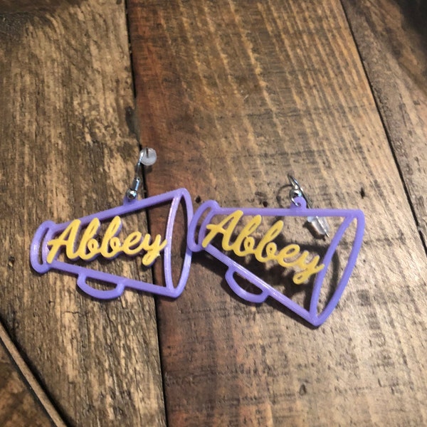 Cheer Megaphone earrings - Add your favorite cheerleaders name - Personalized Earrings - 3D Printed Earrings