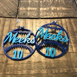 Custom Baseball Earrings - Add your Team or Player, and Number! Personalized 3D printed Earrings