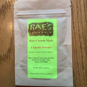 Raes Chipotle Powder 0.5 ounce net; made from ground whole cold-smoked Jalapeño peppers; a key ingredient in Rae’s Seasoning and Rub.