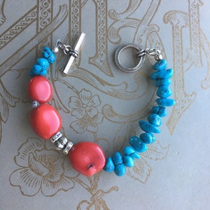 Turquoise and Red Coral Sterling Toggle Bracelet