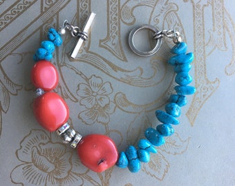 Turquoise and Red Coral Sterling Toggle Bracelet