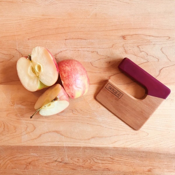 Safe  wooden knife for kids,  vegetable and fruit cutter, kitchen toy, PIzza cutter,  hand pain chopper Maroon handle