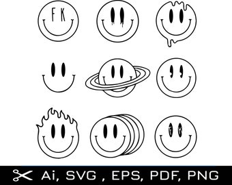Pakiet Groovy Smiley Face SVG: grafika rozpływającej się, uśmiechniętej buźki (do użytku komercyjnego)
