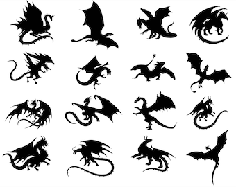 16 Dragon Silhouette SVG Bundle: Clipart Vector Cut Files (Digital Download)