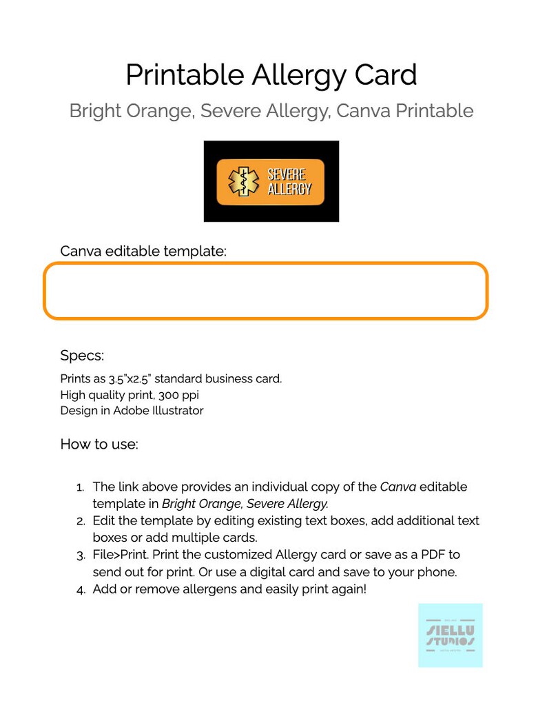 Allergy Chef Card Canva Template Printable Bright Orange - Etsy
