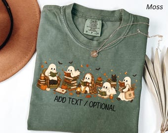Comfort Colors® Ghost Reading Book T-Shirt, Halloween Ghost Shirt, Book Lover Gift, Teacher Halloween Shirt, Cute Ghost And Book Shirt