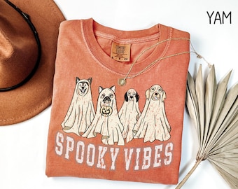 Comfort Colors® Halloween Spooky Vibes Shirt, Ghost T-Shirt, Checkered Ghost Shirt, Camo Ghost Spooky Shirt, Halloween Party Gift, Spooky