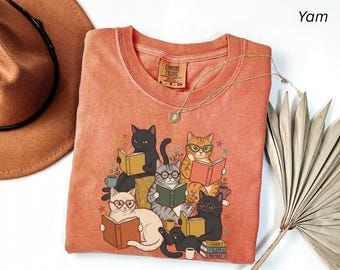 Comfort Colors® Reading Cats T-Shirt, Bookworm Cat Tee, Cute Kitty Shirt, Cozy Library Tee, Reader Shirt, Book Stack Tee, Bookish Girls Gift