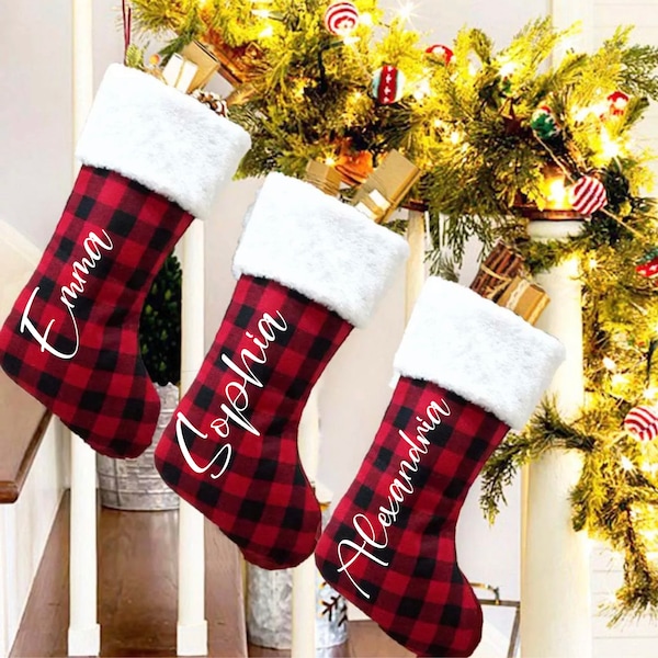 Personalized Family Christmas Stockings,Buffalo Plaid Christmas Stockings,Personalized Christmas Stocking, red plaid Christmas Stockings