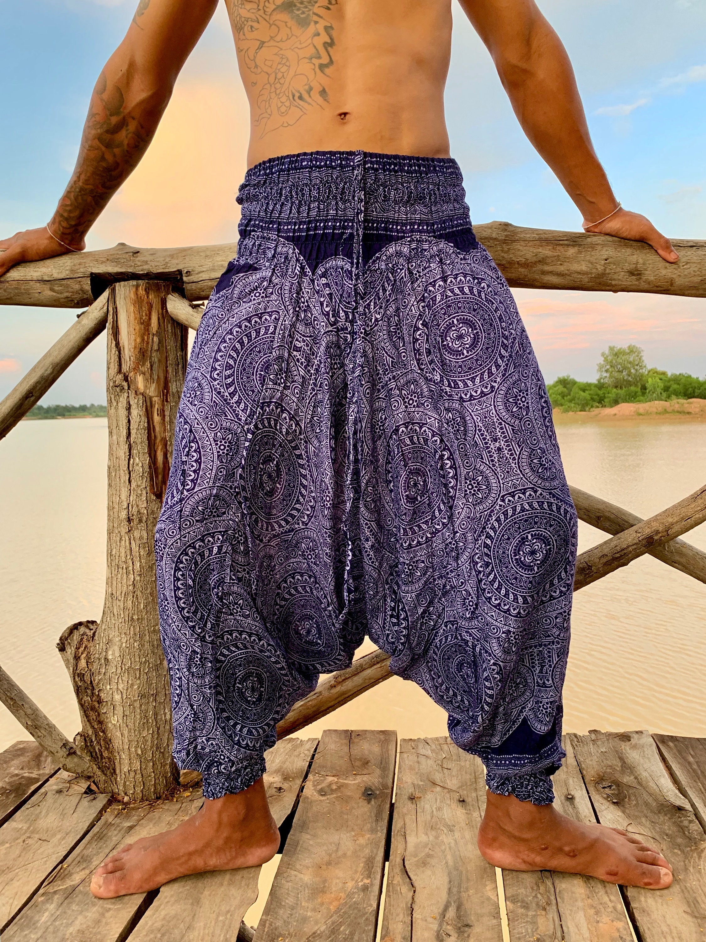 Nuofengkudu Womens Harem Hippie Yoga Pants Cotton Baggy Boho Patterned Smocked High Waist with Pockets Thai Fisherman Trousers Summer Beach 