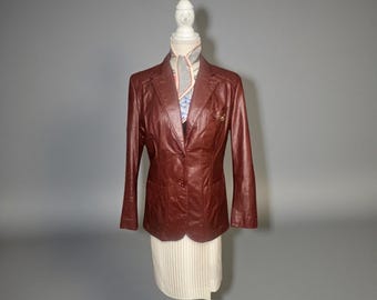 VTG Etienne Aigner Blazer Women M-L Oxblood Leather Notch Collar Jacket 1980s