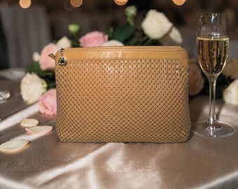 VTG Whiting & Davis Mesh Handbag Beige Metal Chainmail 3-way Bag 80s USA Clutch