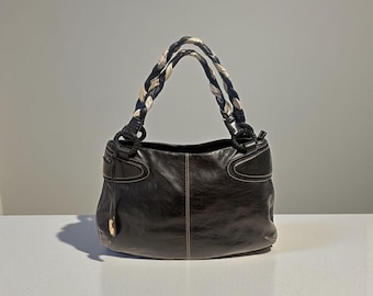 Francesco Biasia Braided Handle Hobo Black Glazed Leather Scarf Shoulder Bag Boho