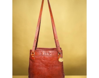VTG Brahmin Tuscan Bucket Bag Chestnut Leather Croc Embossed Trim 90s USA Charm