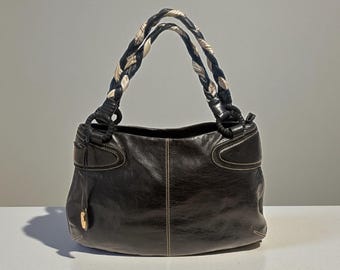 Francesco Biasia Braided Handle Hobo Black Glazed Leather Shoulder Bag Boho