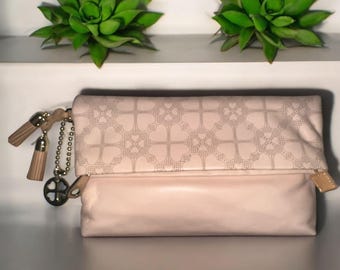 Folli Follie Purse Pale Pink Leather Perforated Heart Fold-over Clutch Greece