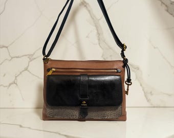 Fossil Kinley Pocket Crossbody ZB7378 Brown Pebbled Leather and Snake Print Bag
