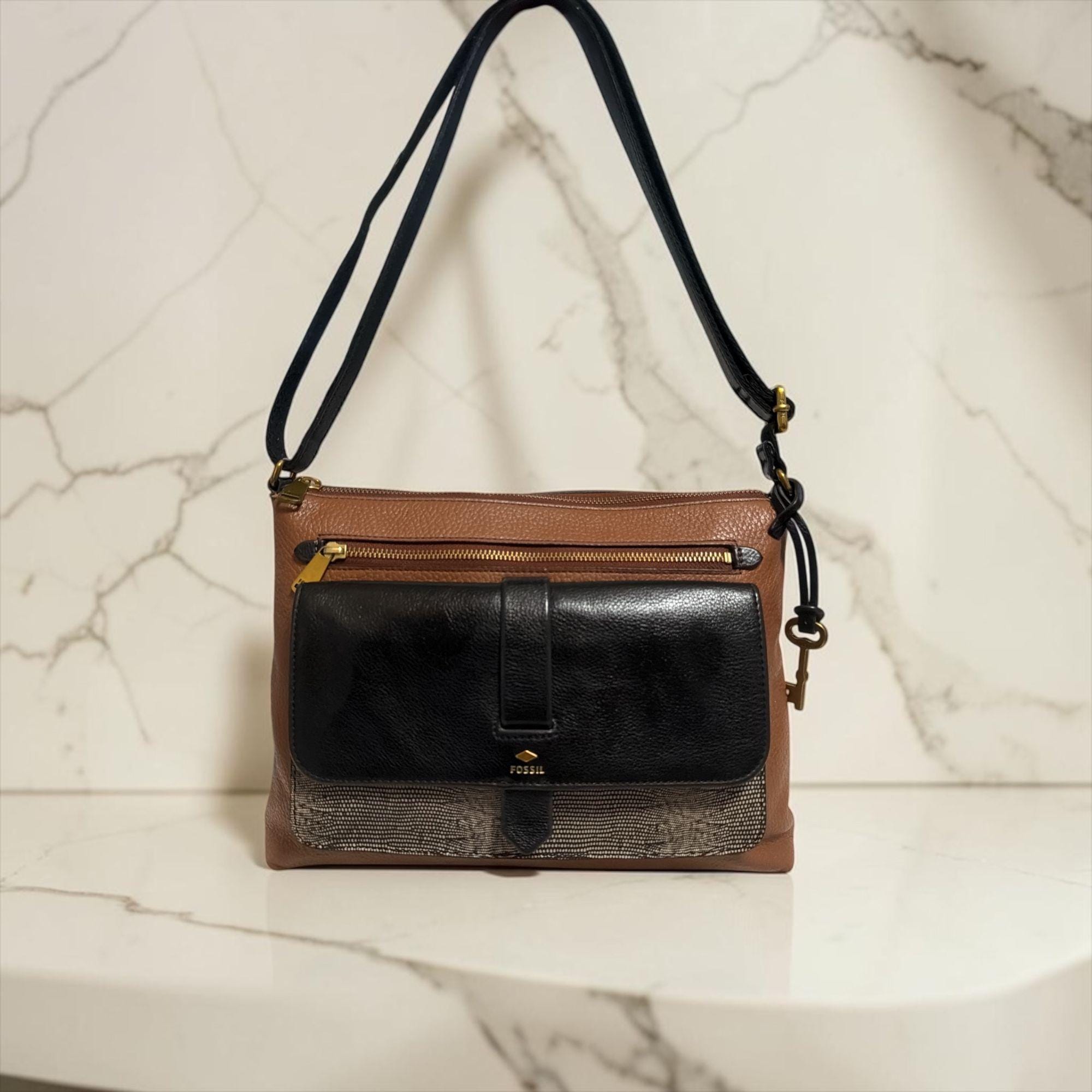Fossil Kinley Pocket Crossbody ZB7378 Brown Pebbled Leather and Snake Print Bag