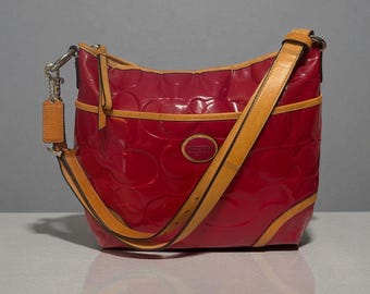 Coach Peyton Embossed C Patent Leather Hobo F20022 Pink Cerise Tan Trim Converts