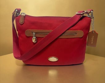 Coach Sawyer Crossbody F37239 Red Poly Twill Saddle Leather Trim Convertible Bag