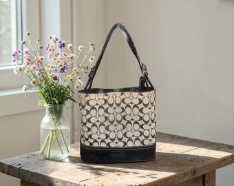 Coach Signature Bucket Tote F12518 Black Canvas Leather Shoulder Bag Carryall