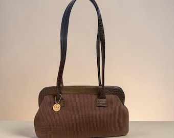 VTG The Sak Hollywood Satchel Brown PP Crochet Moc Croc Framed Shoulder Bag Y2K