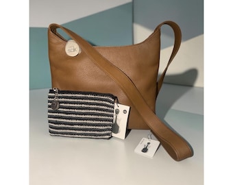 The Sak Slim Pack Brown Leather Shoulder Bag + Essential Crochet Zipper Pouch NWT