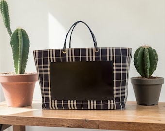 VTG Burberry Nova Check Tote XL Black Leather Cotton Canvas Open Top Bag Italy