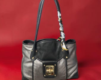 B Makowsky Nolita Turnlock Satchel Silver Black Colorblock Leather Shoulder Bag