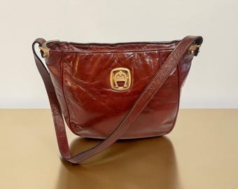 VTG Etienne Aigner Shoulder Bag Oxblood Leather Brass Logo 70s Germany Handmade