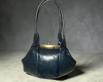 VTG HOBO Blanche Satchel Blue Glaze Leather Fortune Cookie Frame Clasp Lock Y2K