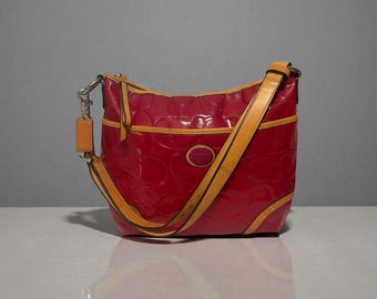 Coach Peyton Embossed C Patent Leather Hobo F20022 Pink Cerise Tan Trim Converts