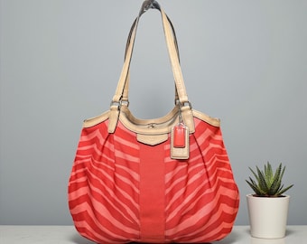 Coach Devin Shoulder Bag F24022 Orange Animal Print Canvas Tan Leather Tote