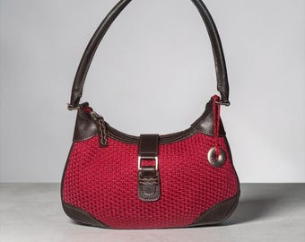 VTG The Sak Small Hobo Red Tightweave Crochet Brown Trim Shoulder Bag Y2K Charm