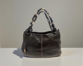 Francesco Biasia Braided Handle Hobo Black Glazed Leather Shoulder Bag Boho Y2K