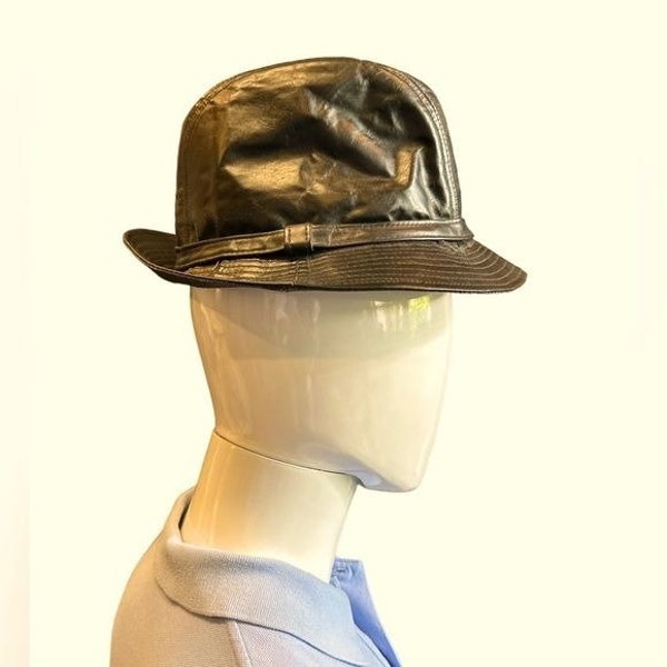 Vintage Kangol Hat Adult 22.5 in Black Leather Fedora 70s Mens Unisex