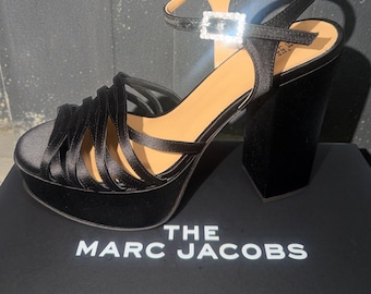 Marc Jacobs The Gram Sandal Women 8.5 Black Satin Formal Heel Platform Prom Rush