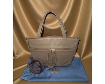 HOBO Double Zip Satchel Taupe Matte Leather Brass Shoulder Bag Detachable Strap