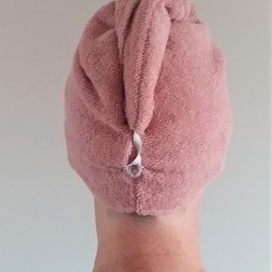 Hair Turban Towel in Dusty Pink  100% Cotton Absorbent Soft Wrap with Loop and Button.