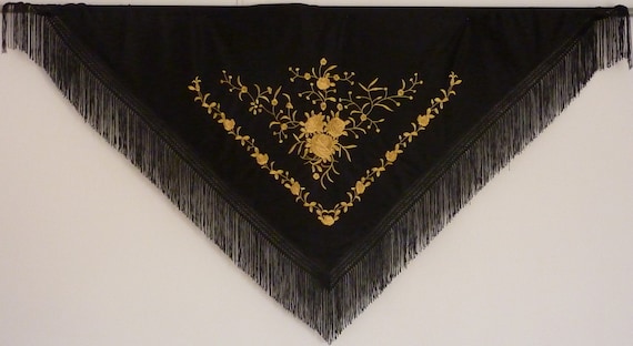 New Spanish Flamenco Shawl Large Black with White Pattern with Black Fringe
