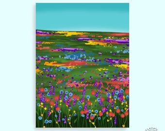 Art print colorful flower meadow | Digital printing | beautiful landscape | digital illustration | Din A4