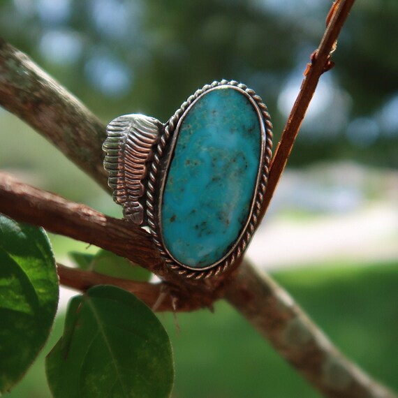 Navajo Vintage Native American Sterling Silver Turquoise Ring Signed AC  Size 5.5