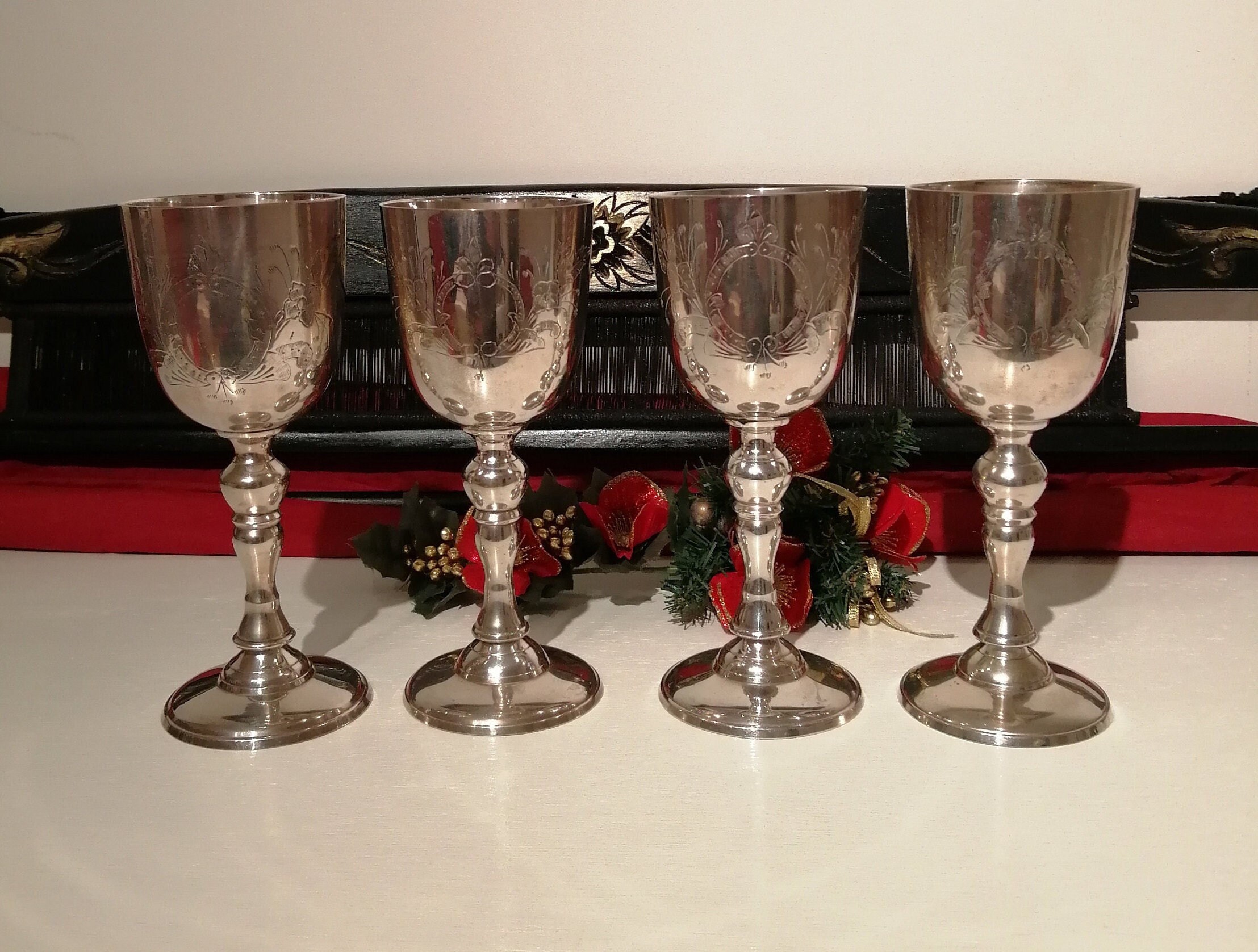 Stonkraft Engraved Silver Plated Pure Brass Premium Goblet Champagne Flutes Coupes Wine Glass Set 