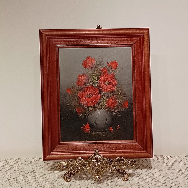Vintage Floral Oil Painting ,Red Floral Still Life Display Framed.