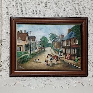 Original Oil Acrylic Painting Old Village Scene Horse Cart,Cottages Signed C Barry.