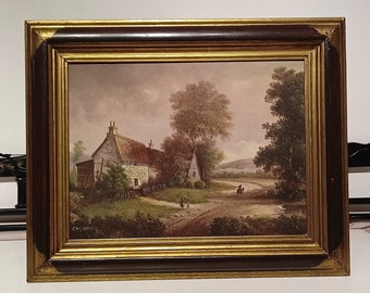 Vintage Oil Painting On Wood Rural Cottage Landscape Signed.