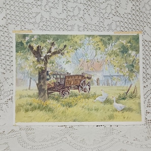 Vintage Watercolour Painting,Rustic Rural Farm Scene,Cart And Geese Unframed Signed M.Lees.