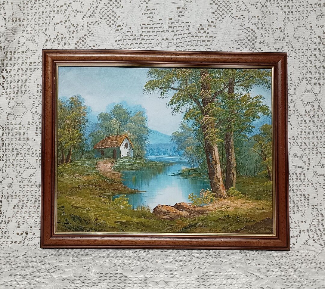 Vintage Oil Painting Lakeside Cabin Forest Landscape Impasto Framed ...