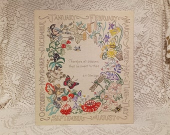 Vintage Embroidery Picture Birds, Butterfly, Wildflowers And Bee Unframed.