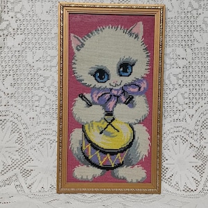 Vintage Tapestry Picture Kitsch Drummer Cat In Aged Gold Tone Frame,Cross Stitch. Wall Decor.
